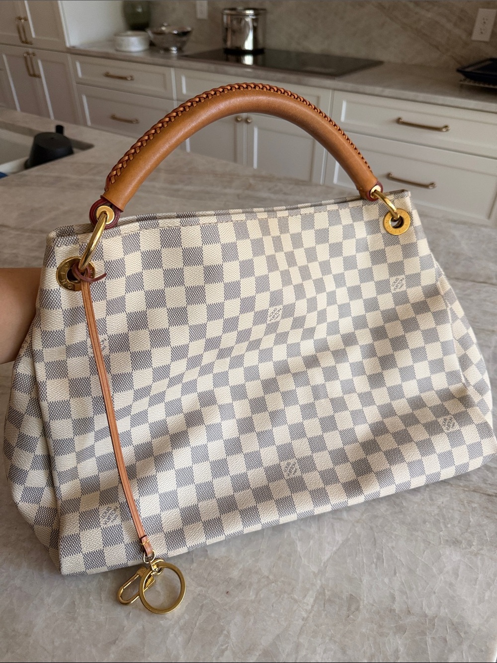 Louis Vuitton Damier Azur Arsty MM Tote with Tan Leather Handle